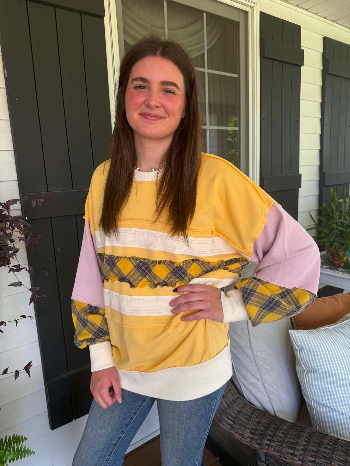 YELLOW/LAVENDER/BLUE PLAID CONTRAST EXPOSED SEAM TOP