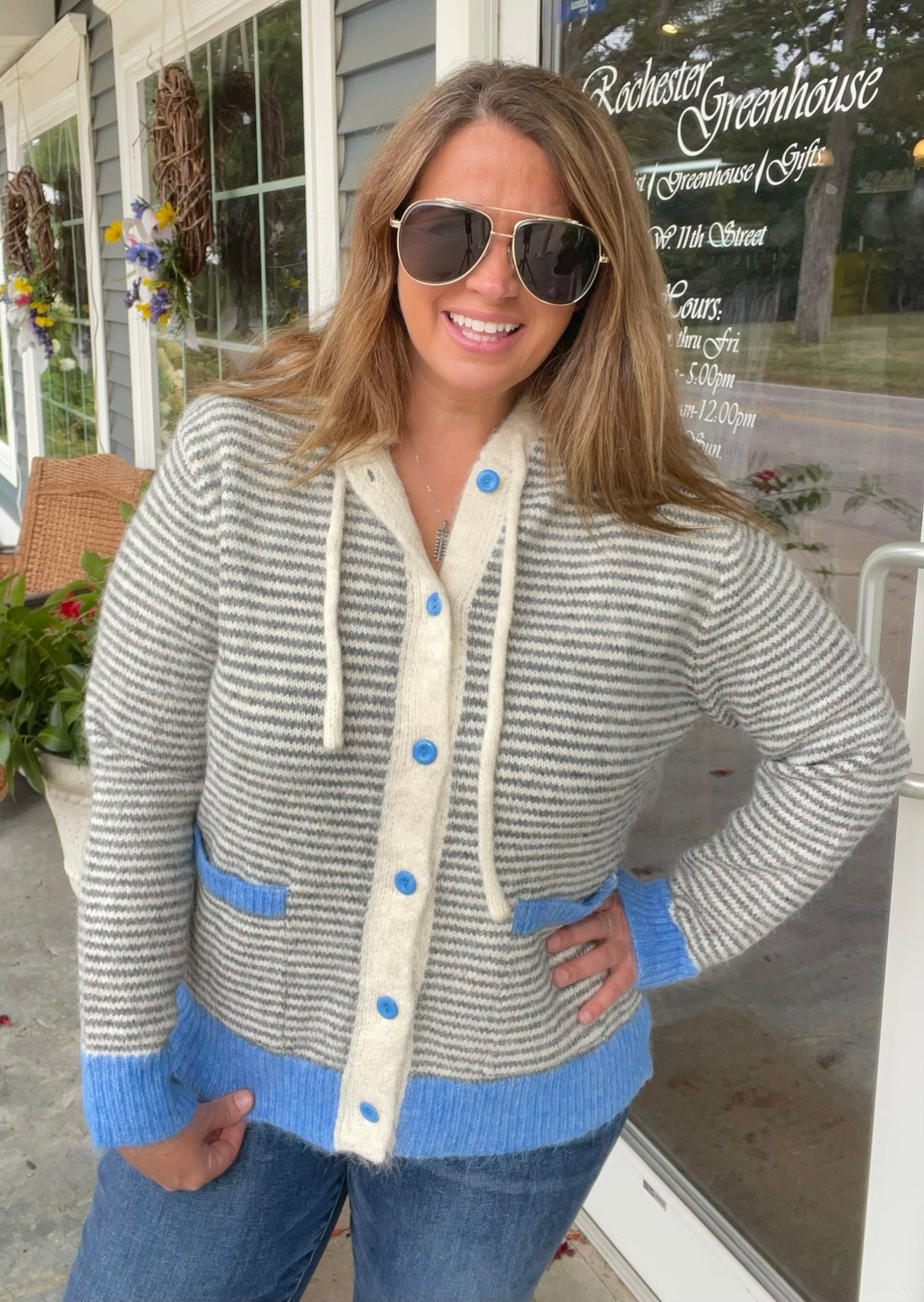 GREY/BLUE Striped, Contrast Color Accent, Hoodie, Button Down Sweater/Cardigan