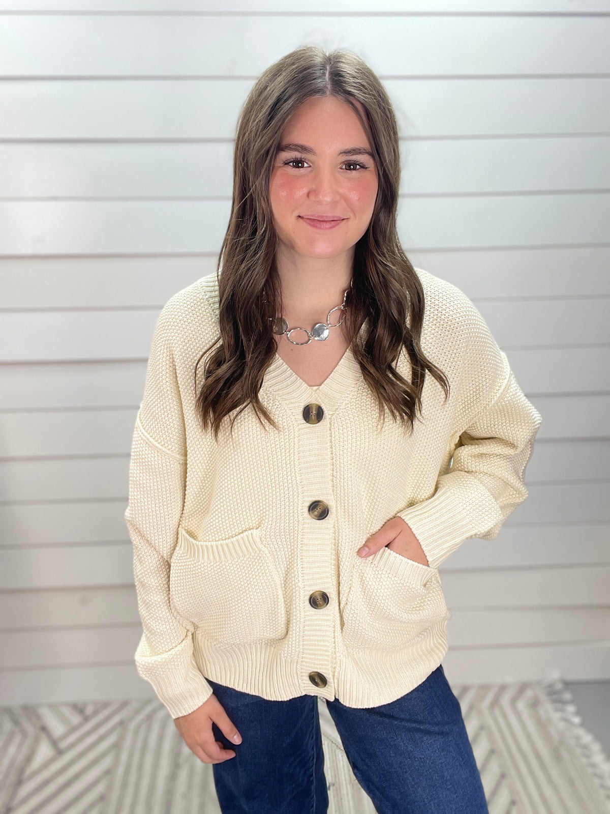 CREAM WAFFLE TEXTURE V NECK SWEATER CARDIGAN