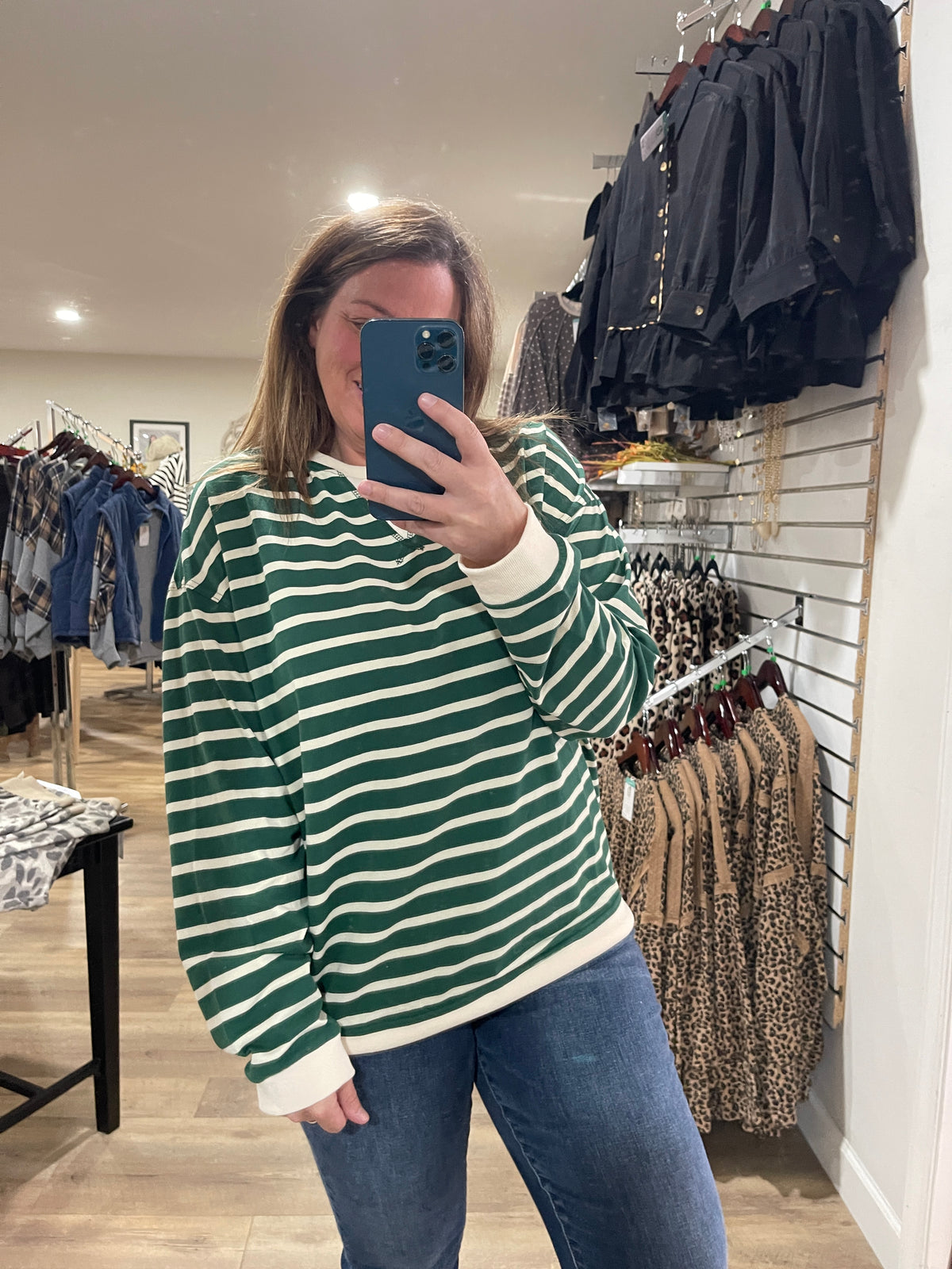 GREEN/CREAM STRIPED LONG SLEEVE KNIT TOP