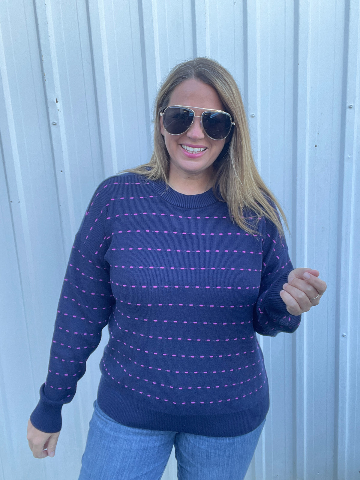 NAVY/FUSCHIA Texture Striped Crew Neck Long Sleeve Pullover Sweater