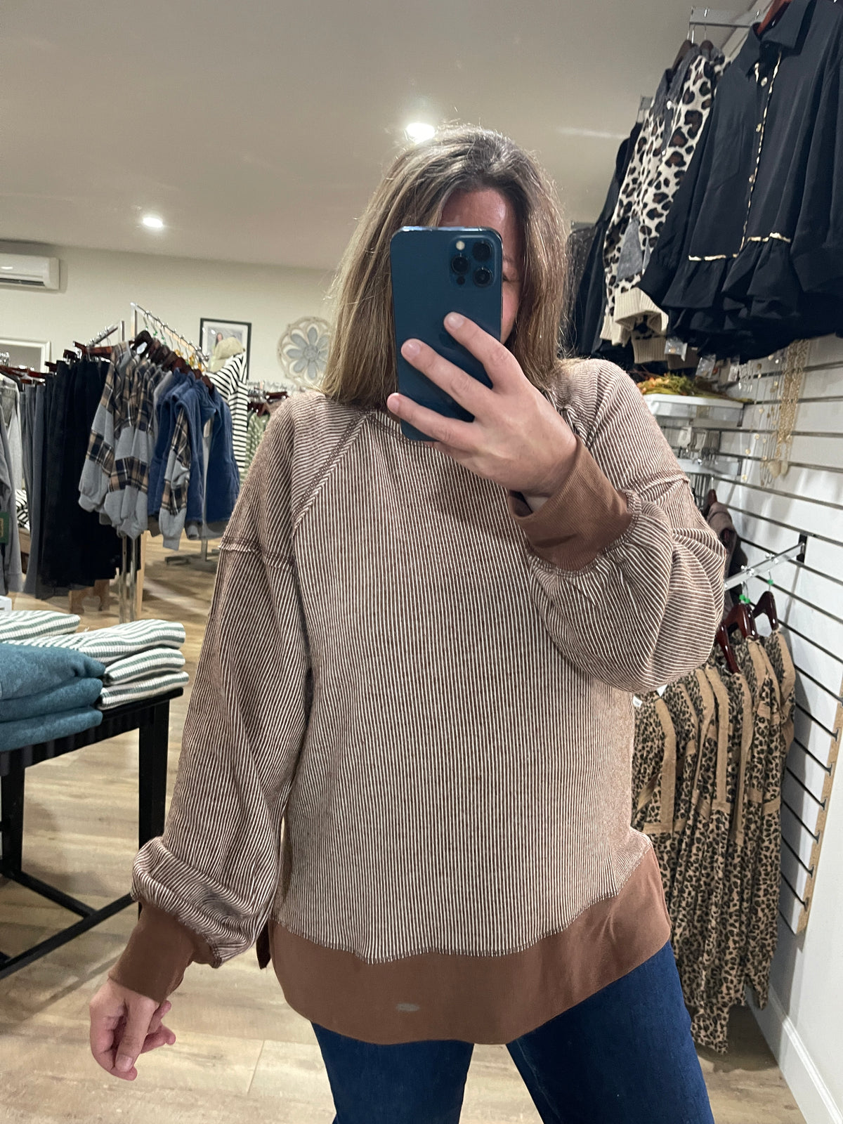 Chocolate pin striped knit top w/ side slit