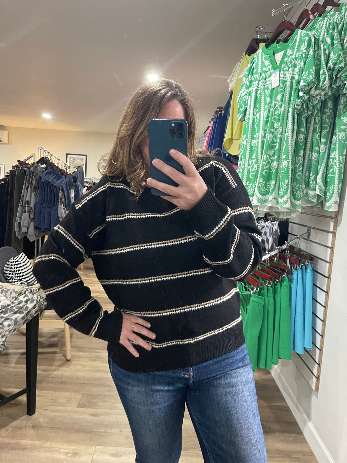 BLACK/TAUPE/WHITE STRIPED KNIT SWEATER