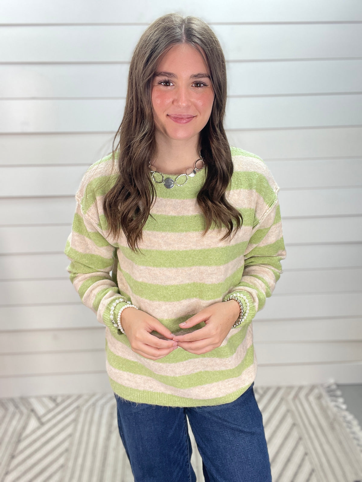 SAGE Bold Striped Long Sleeve Super Soft Crew Neck Pullover Sweater
