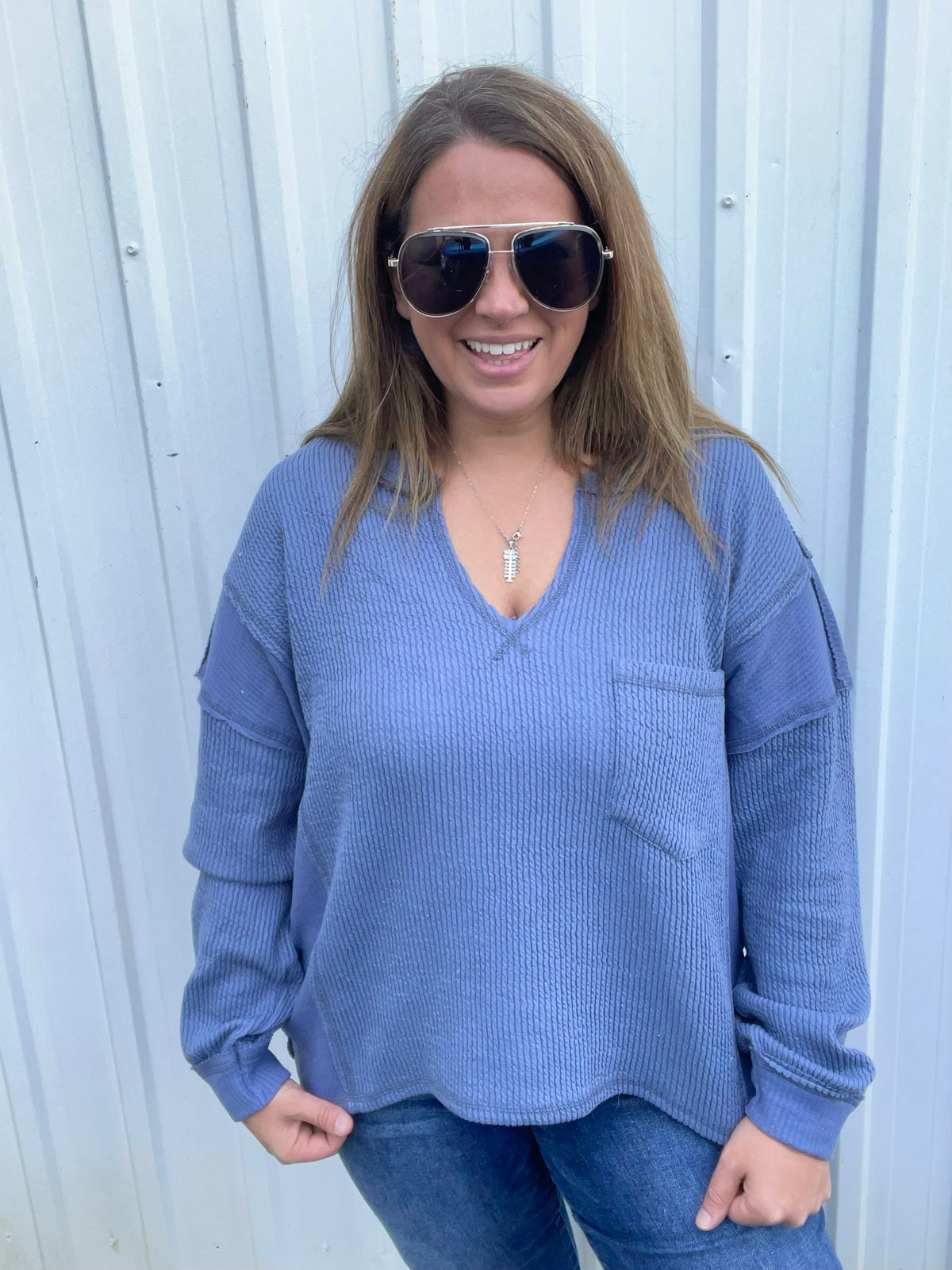 DENIM BLUE TEXTURED LOOSE FIT V NECK KNIT TOP