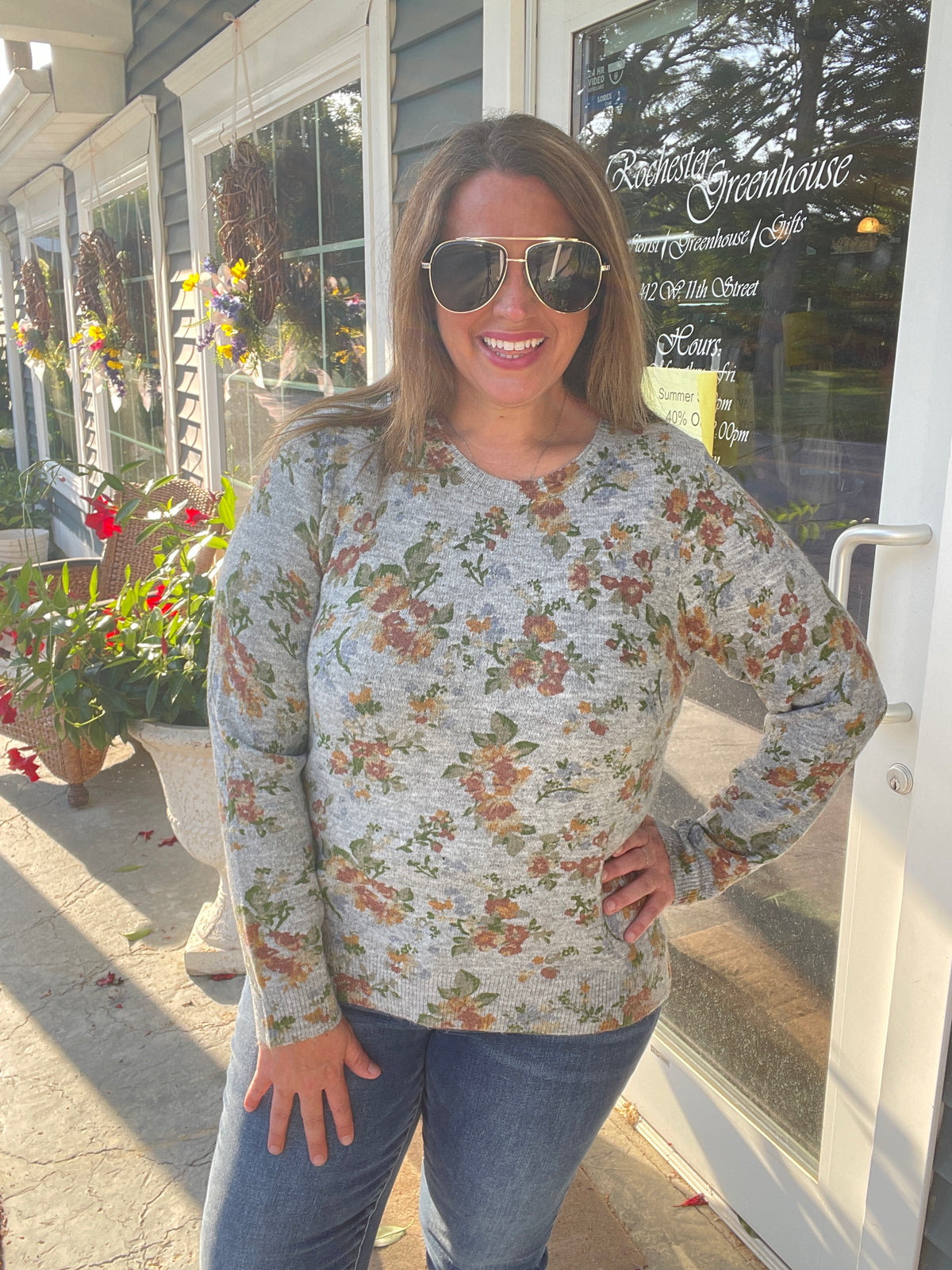 GREY Floral Printed, Long Sleeve, Super Soft, Crew Neck SWEATER