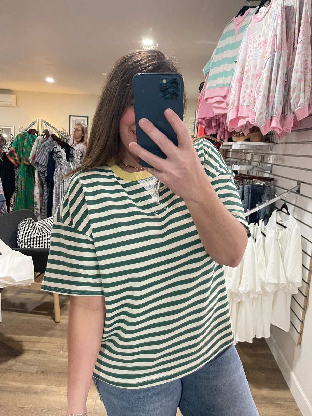 GREEN/CREAM STRIPED FRENCH TERRY KNIT TOP W/ YELLOW TRIM