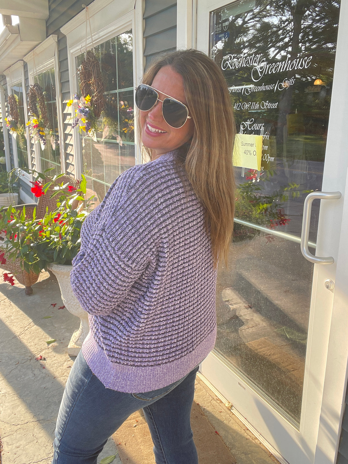 PURPLE Waffle Textured Crew Neck Long Sleeve Striped Sweater