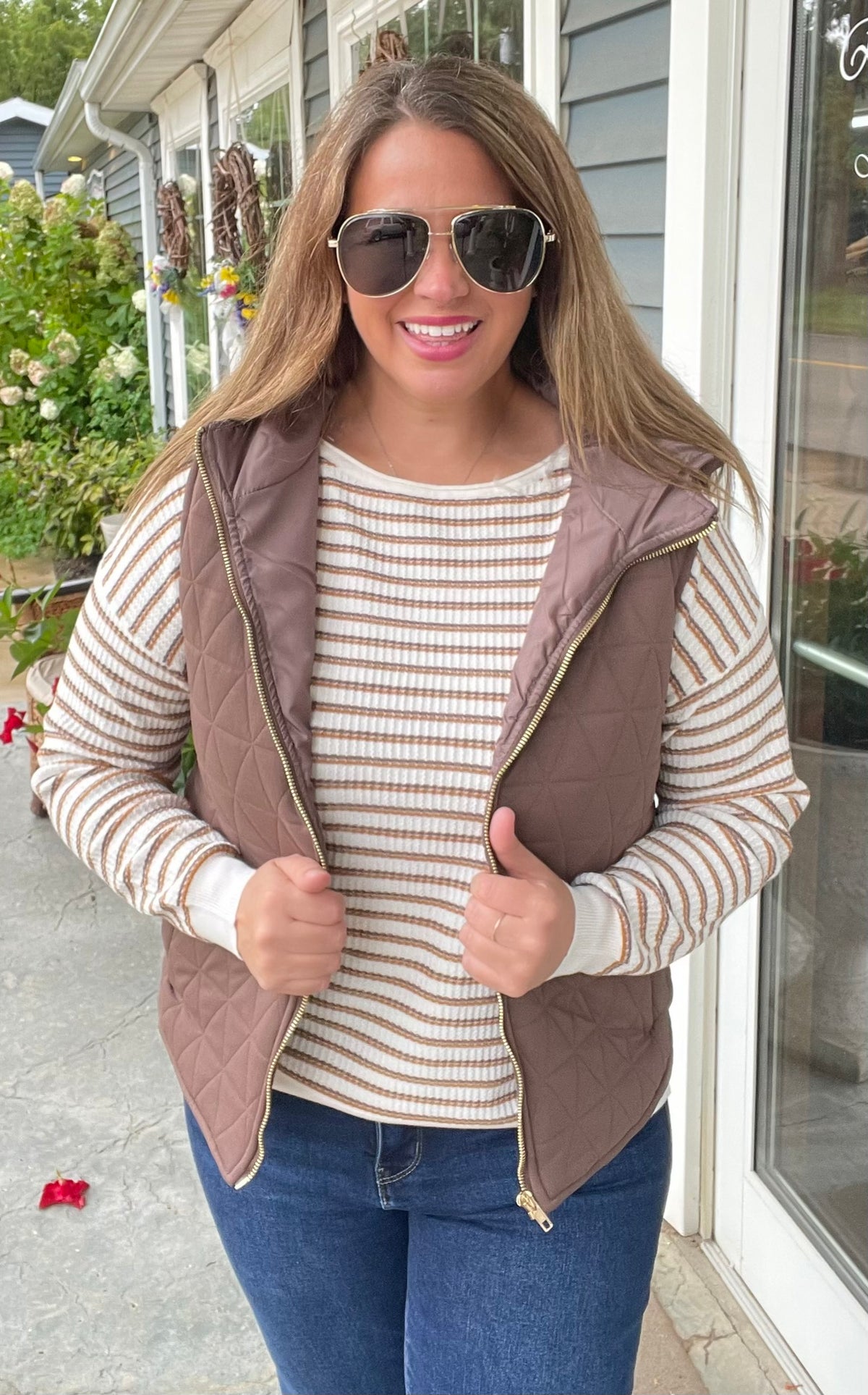 MOCHA/MUSTARD Multi Color Stripes Textured Wide Crew Neck Pullover Sweater