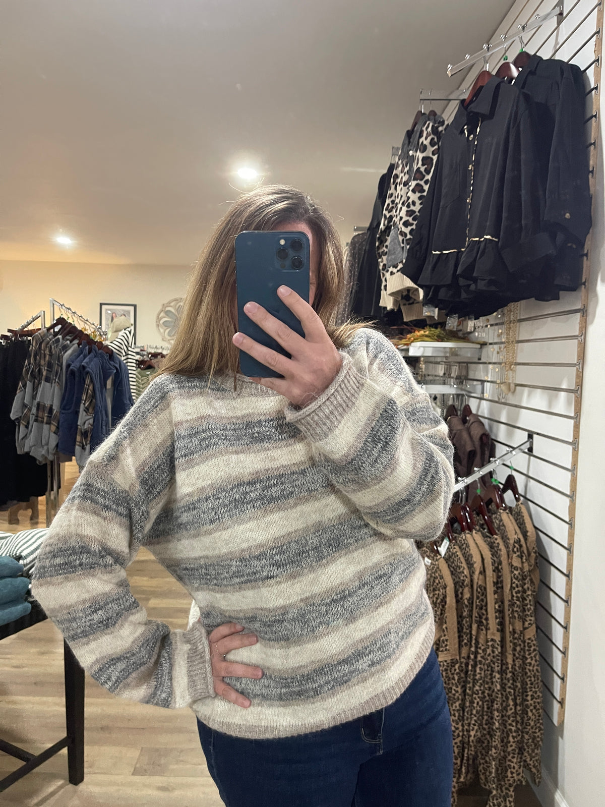 Light Mocha Heathered Multi-Stripe Raw Edge Knit Sweater