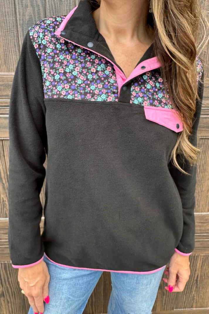 BLACK/PINK/FLORAL QUARTER SNAP PULLOVER