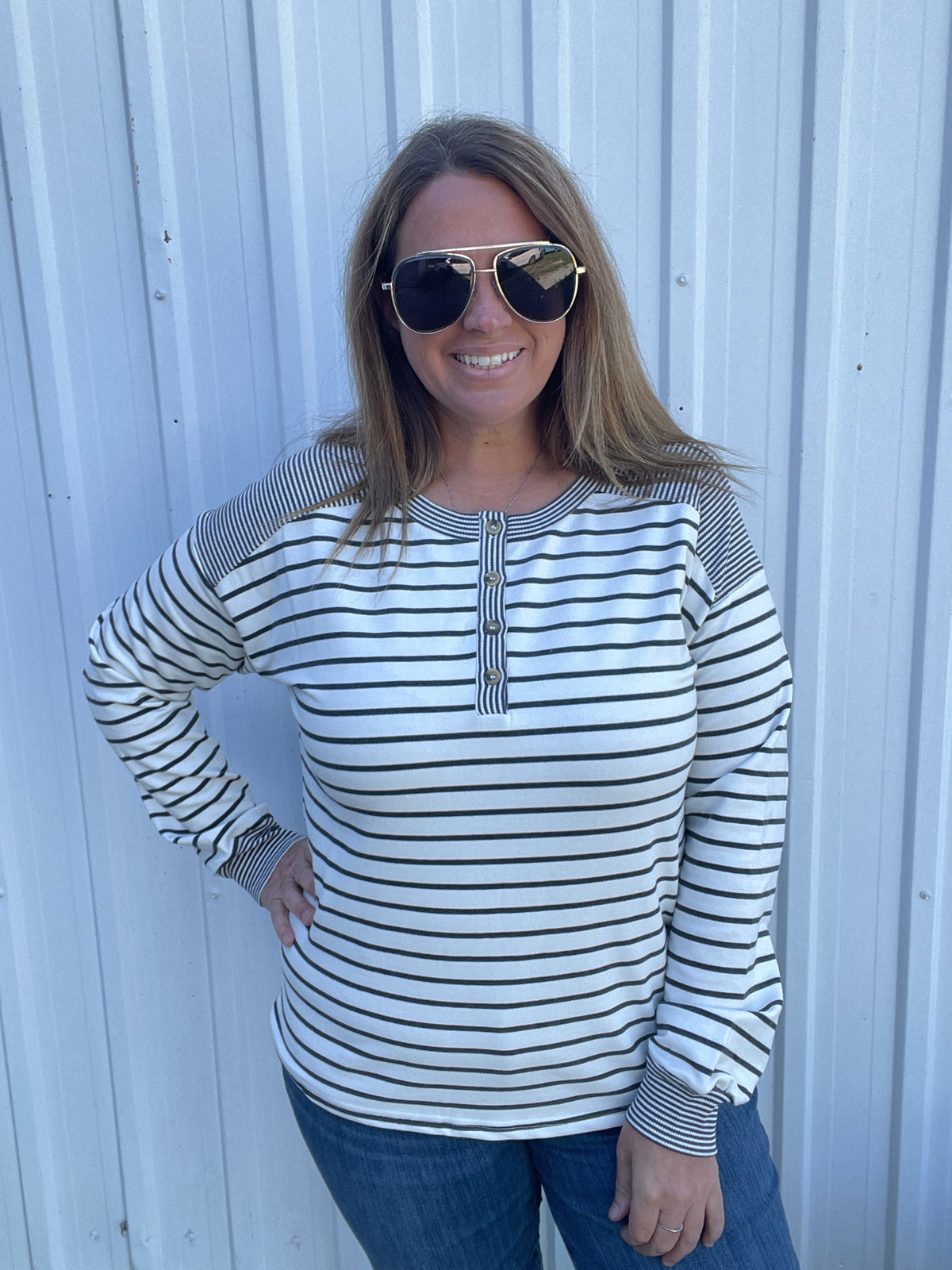 Ivory/Charcoal Half Button Long Sleeve Stripe Mixed Terry Top