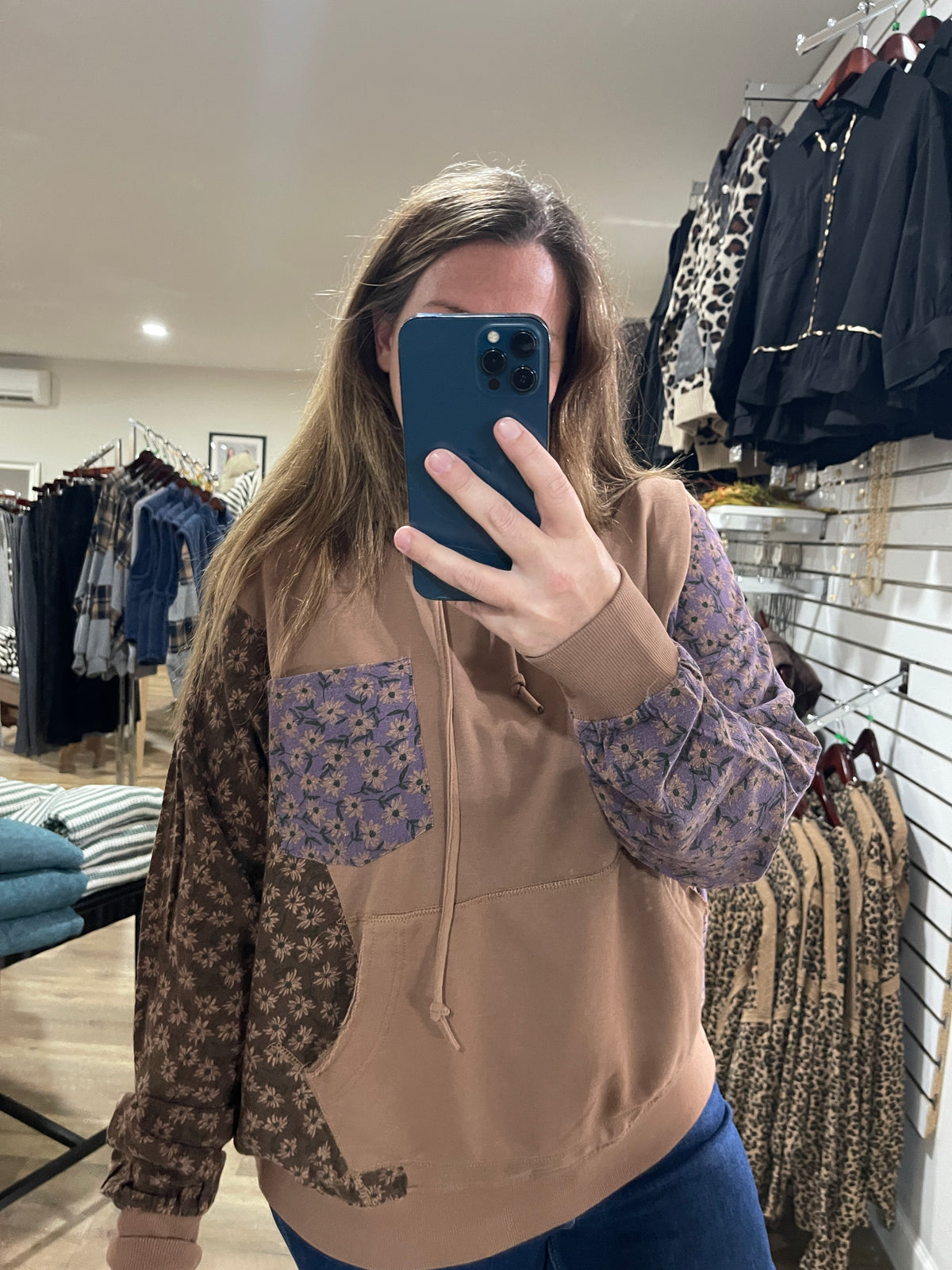 Mocha Floral Colorblock Oversized French Terry Hoodie