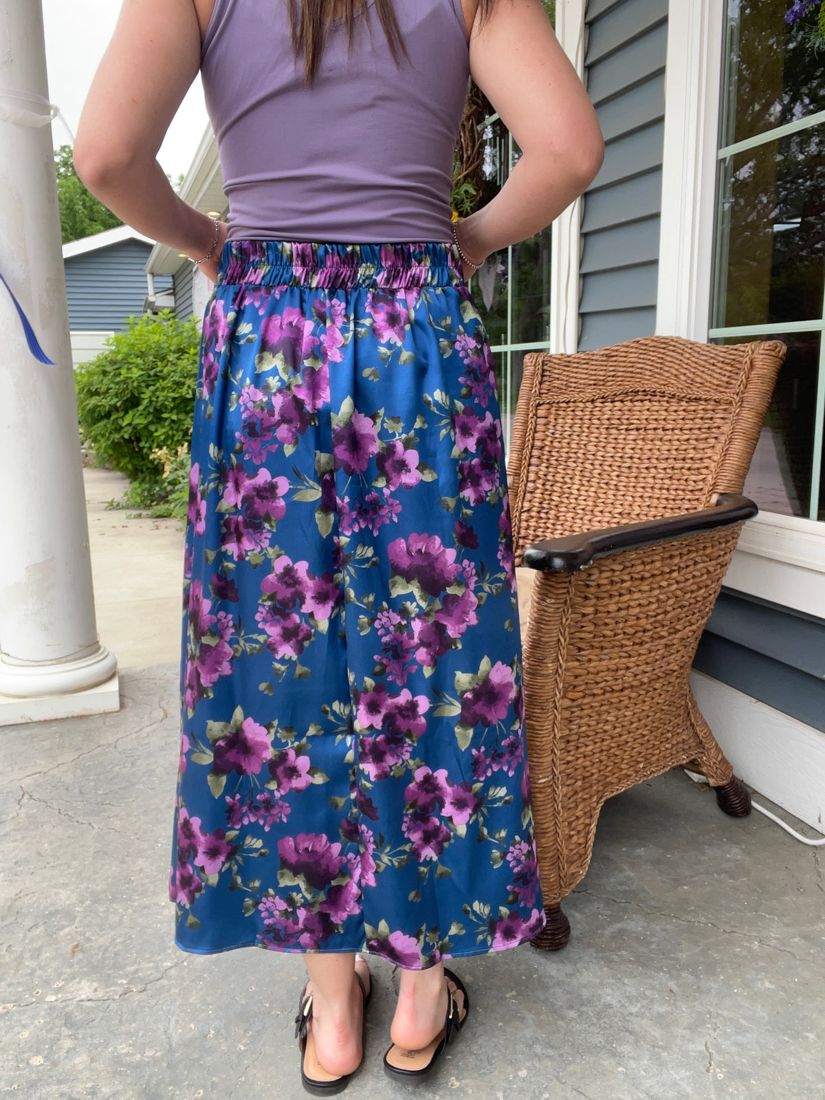 COLBALT/PURPLE FLORAL ELASTIC WAISTBAND SKIRT