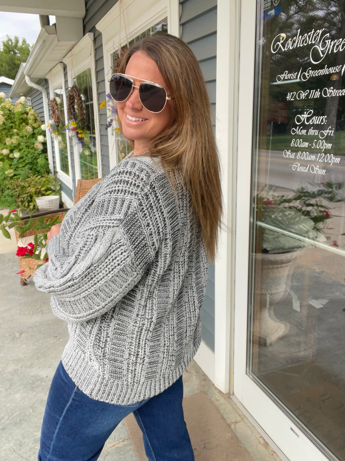 GREY V Neck Button Down Oversized Loose Fit Long Sleeve Two Tone Cable Chunky Sweater