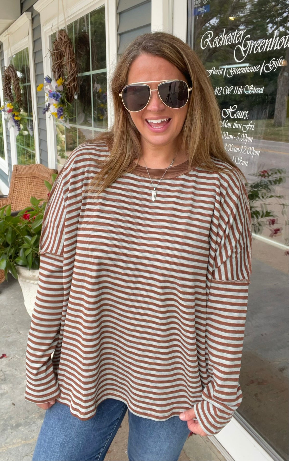 BLUE/BROWN OVERSIZED FLOWY KNIT TOP