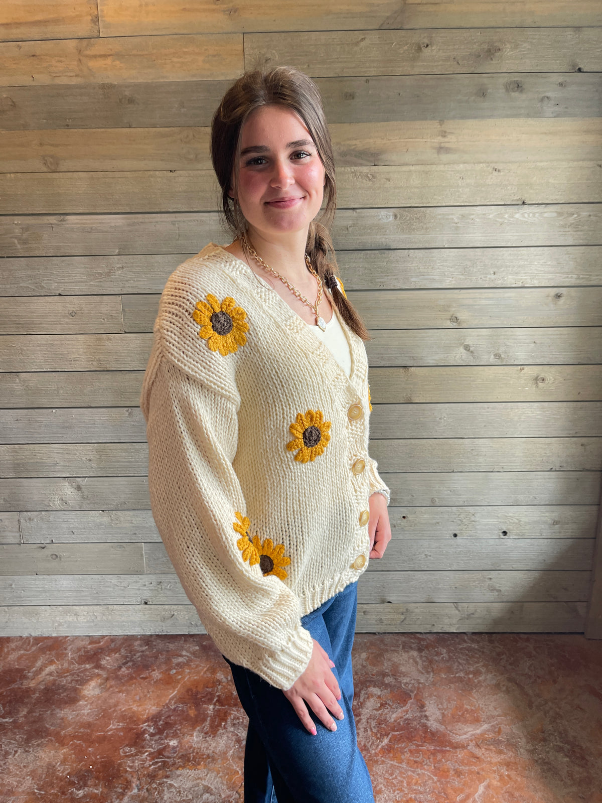 CREAM SUNFLOWER BUTTON CARDIGAN