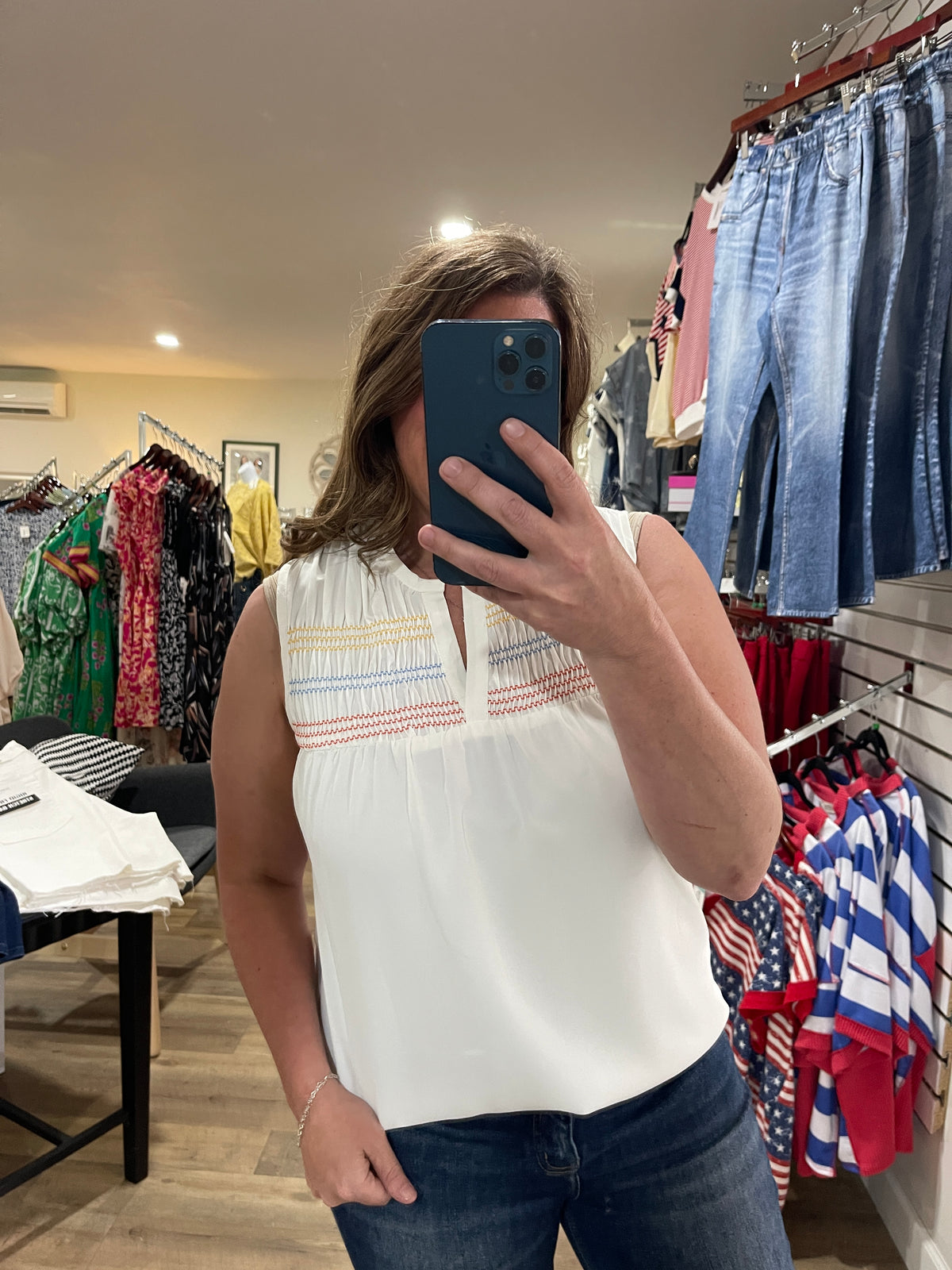 WHITE WOVEN TANK TOP W/ MULTI COLOR EMBROIDERY WITH SMOCKING DETAIL