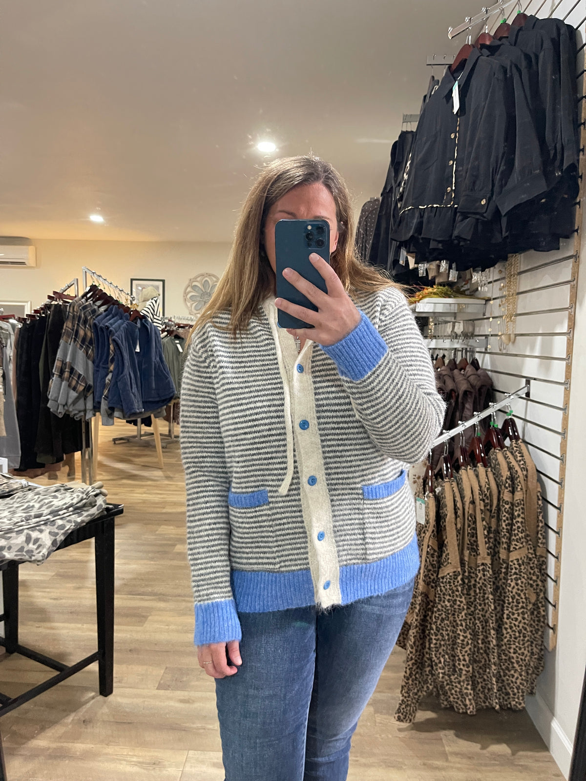 GREY/BLUE Striped, Contrast Color Accent, Hoodie, Button Down Sweater/Cardigan