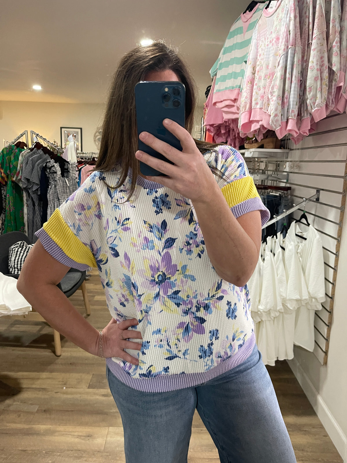 WHITE/BLUE/LAV/YELLOW FLORAL RAISED RIBBED KNIT TOP