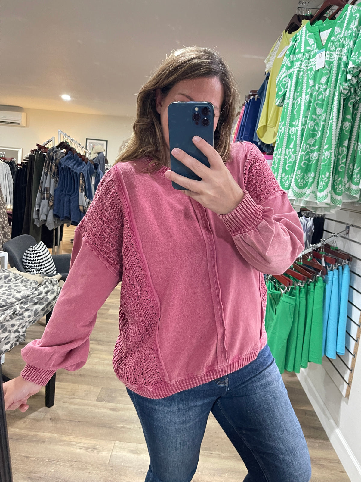 RASBERRY MINERAL WASH LACE DETAIL OVERSIZED KNIT TOP