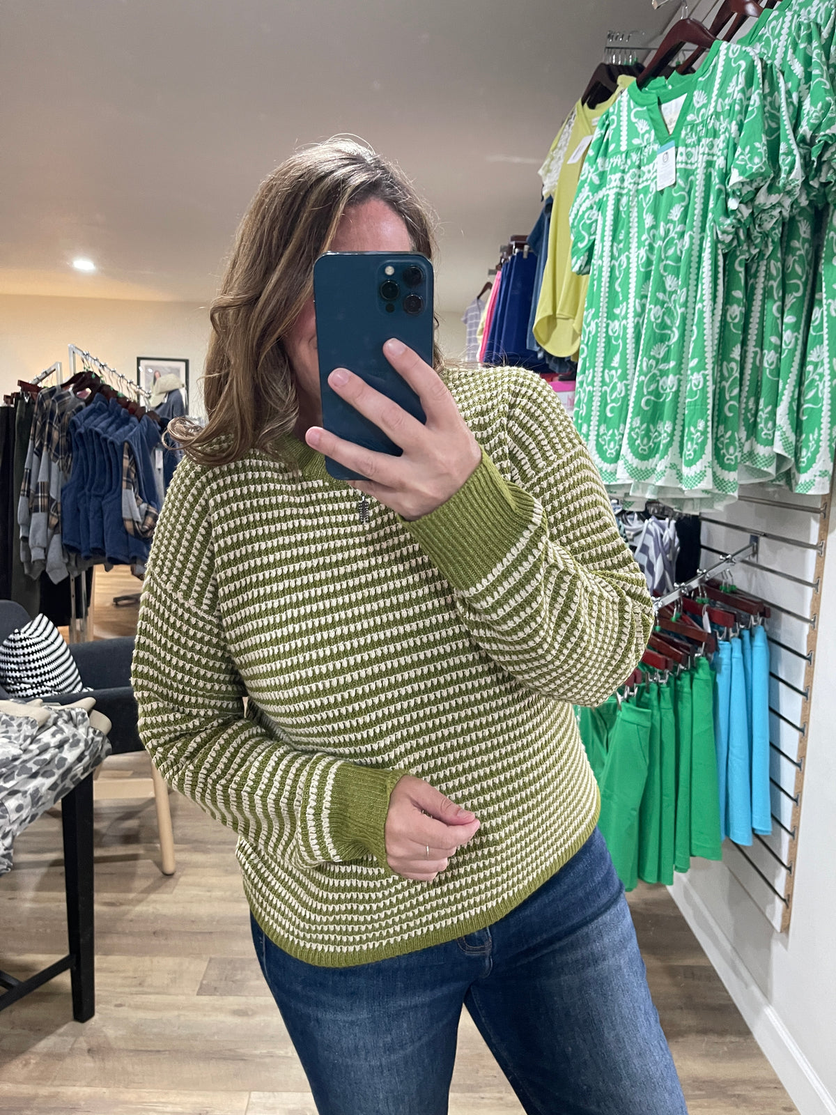 GREEN Color Trimmed Long Sleeve 2 Tone Waffle Striped Crew Neck Pullover Sweater