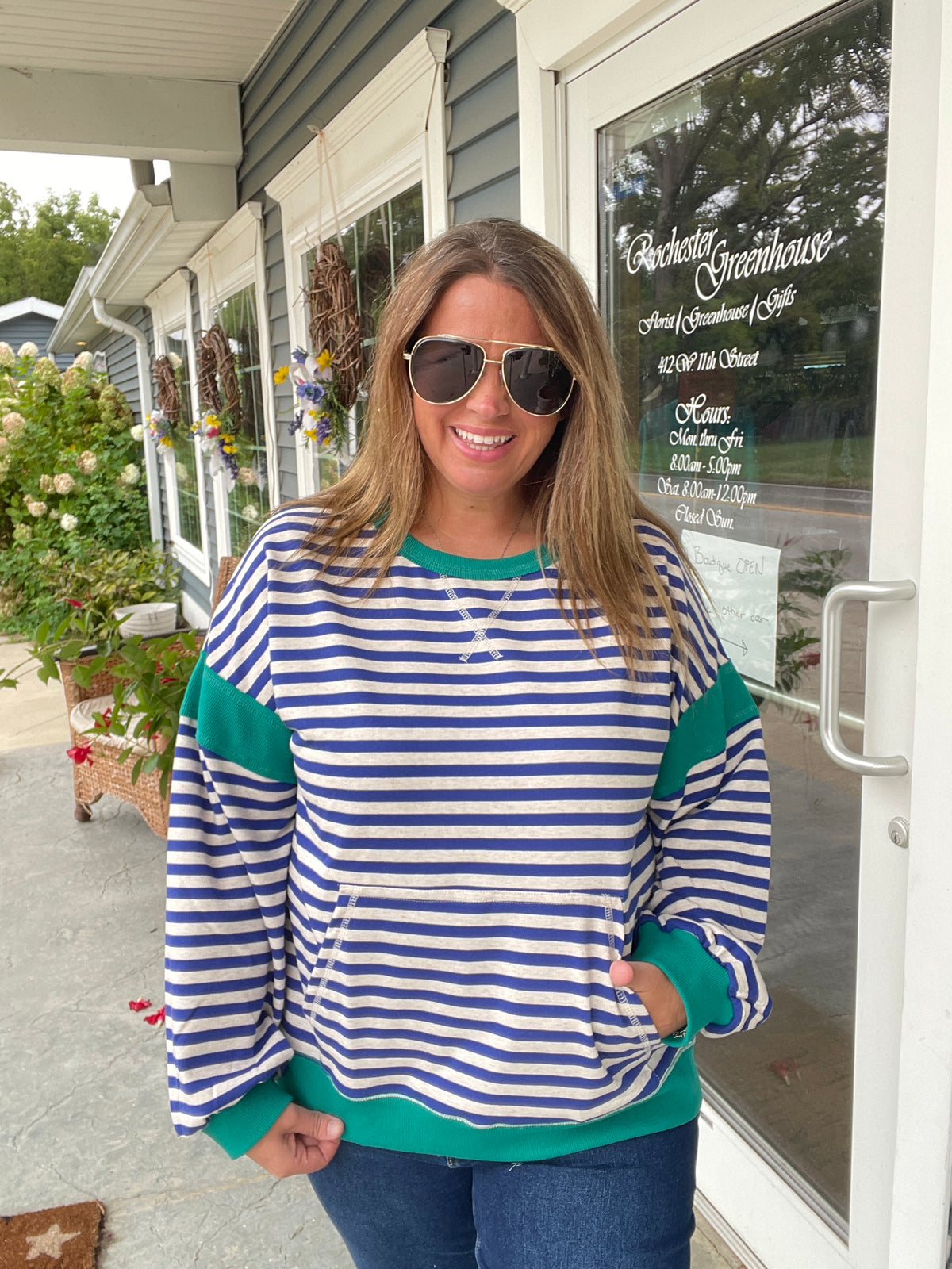ROYAL BLUE/TEAL STRIPED FRENCH TERRY TOP W/ KANGAROO POCKET