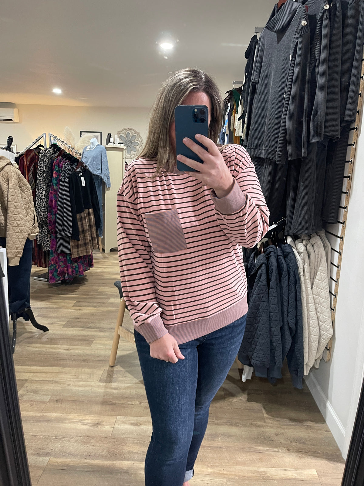 MAUVE/BROWN STRIPED BUTTER POCKET KNIT TOP