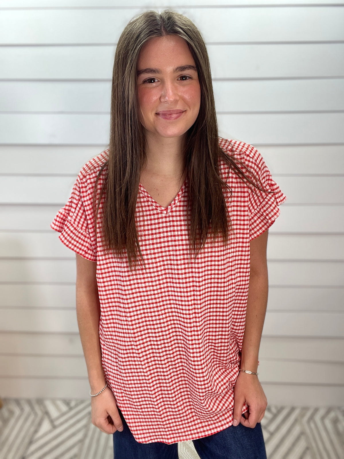 RED/WHITE GINGHAM SHORT SLEEVE RUFFLE SLEEVE TOP