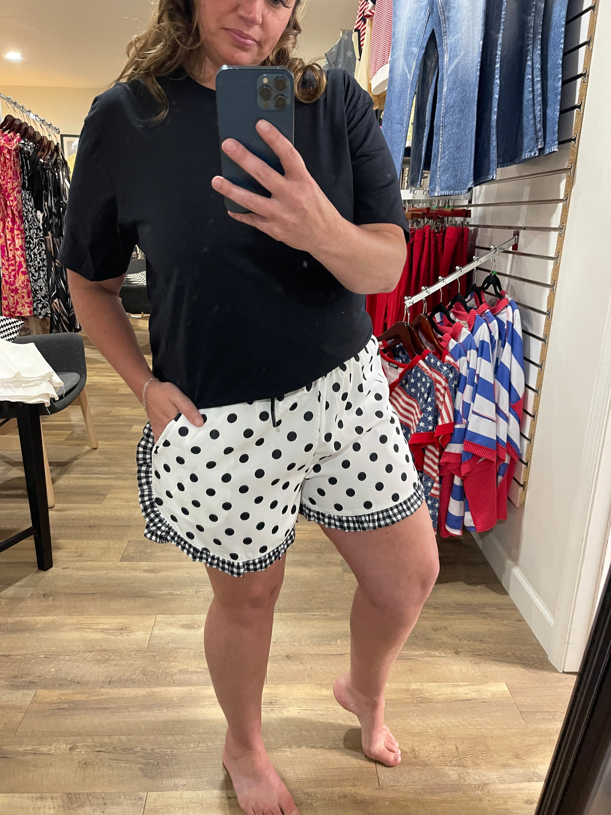 WHITE POLKADOT/GINGHAM TRIM DRAWSTRING SHORT