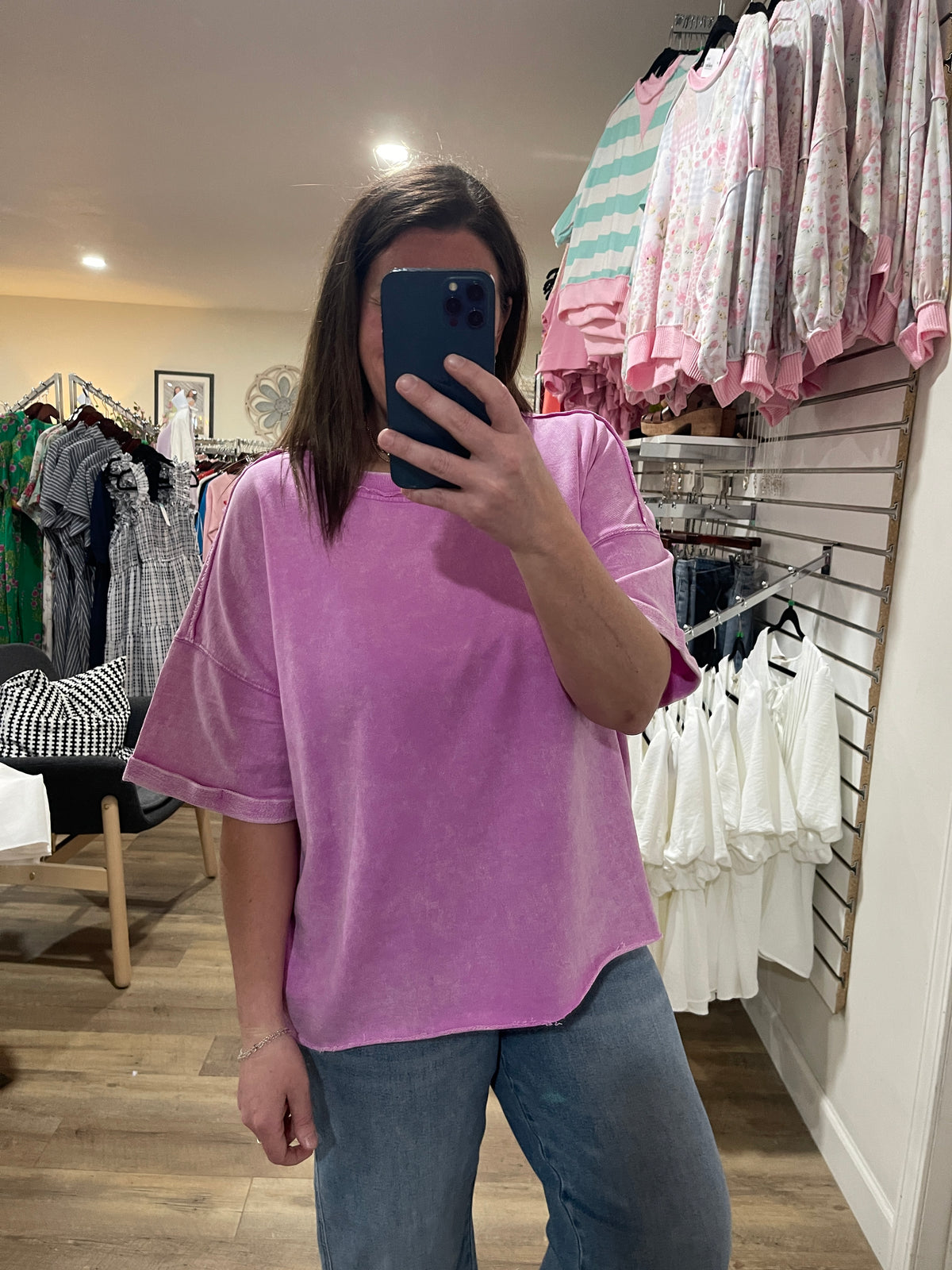 BRIGHT MAUVE MINERAL WASH LOOSE FIT TOP W/ RAW HEM