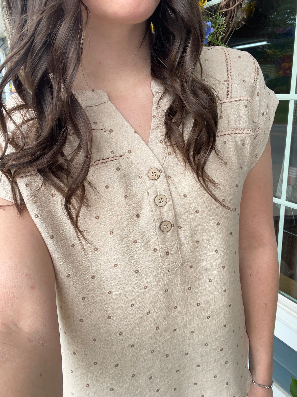 KHAKI DOT PATTERN V NECK WOVEN TOP W/ LINE LACE AND BUTTON NECKLINE
