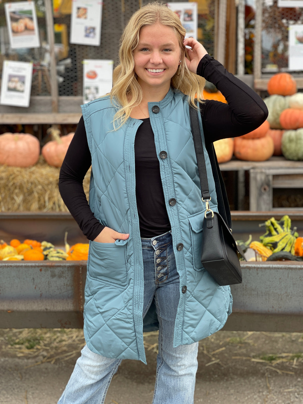 LT TEAL QUILTED BUTTON DOWN VEST