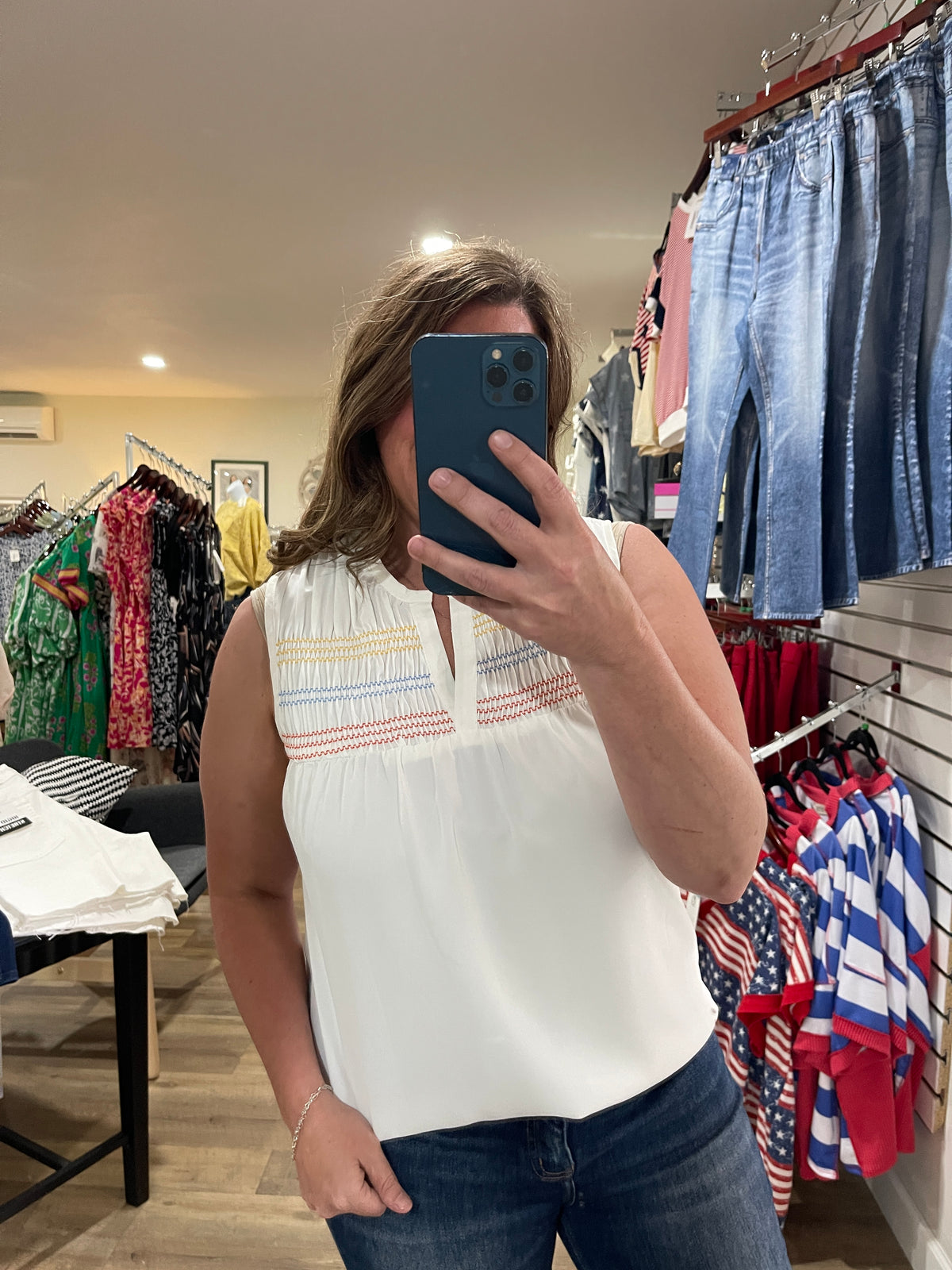 WHITE WOVEN TANK TOP W/ MULTI COLOR EMBROIDERY WITH SMOCKING DETAIL