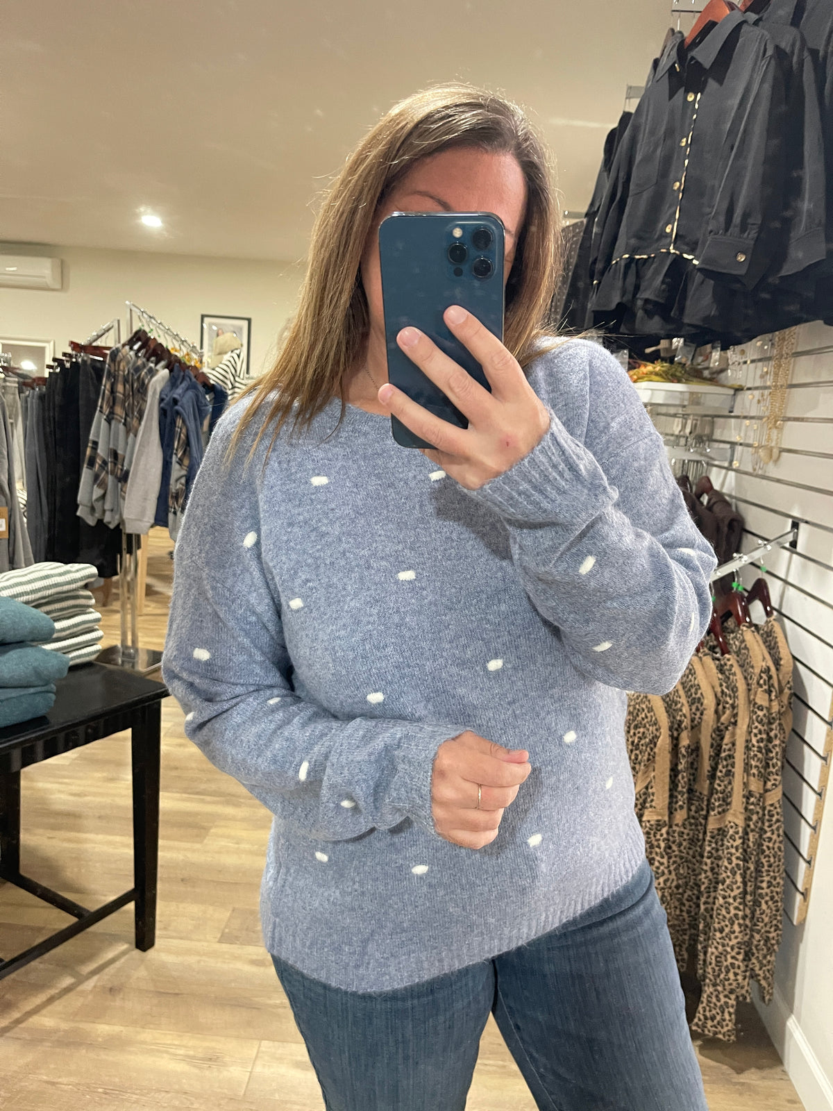 BLUE Textured Dot Detail, Wide Crew Neck, Pullover Sweater
