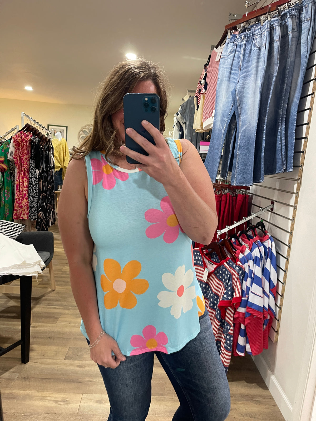 BLUE RETRO FLORAL TANK TOP
