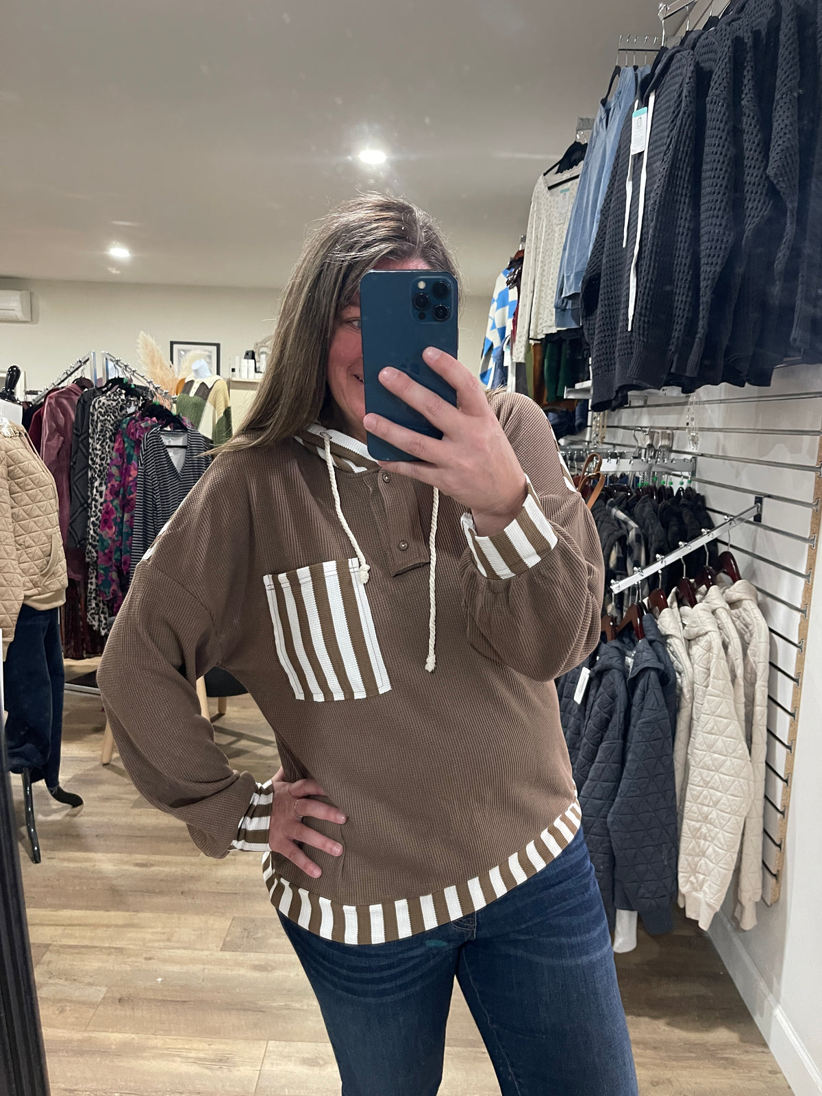 BROWN/STRIPED WAFFLE TEXTURE HOODIE