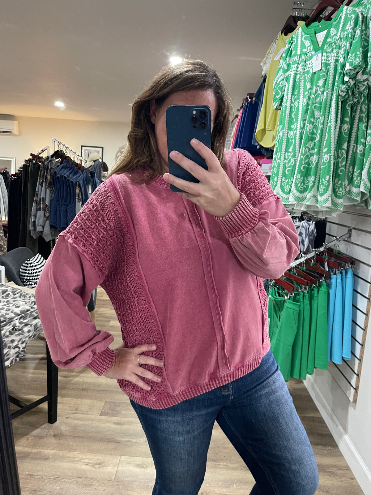 RASBERRY MINERAL WASH LACE DETAIL OVERSIZED KNIT TOP