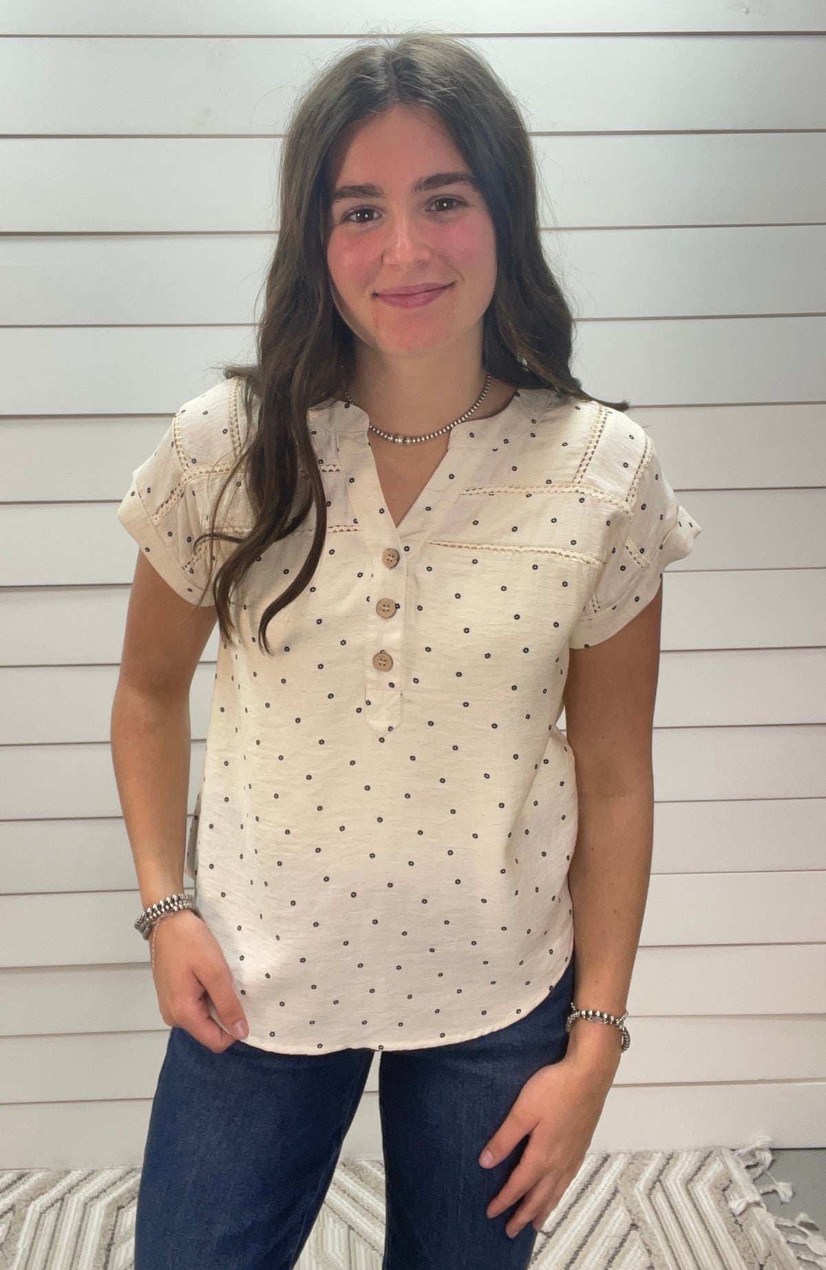 OATMEAL LACE TRIM HALF BUTTON WOVEN TOP W/ FLORAL POLKA DOT