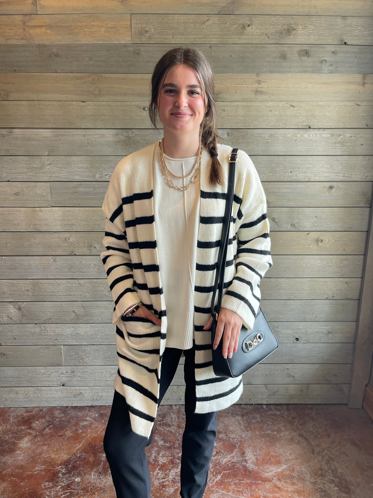 CREAM/BLACK STRIPED LONG OVERSIZED CARDIGAN W/ POCKETS