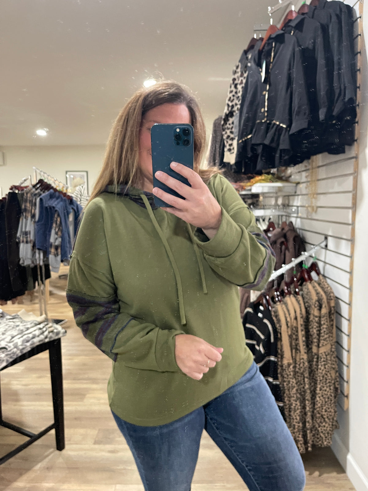OLIVE Raw Edge Detail, Drawstring Hood, French Terry PULLOVER