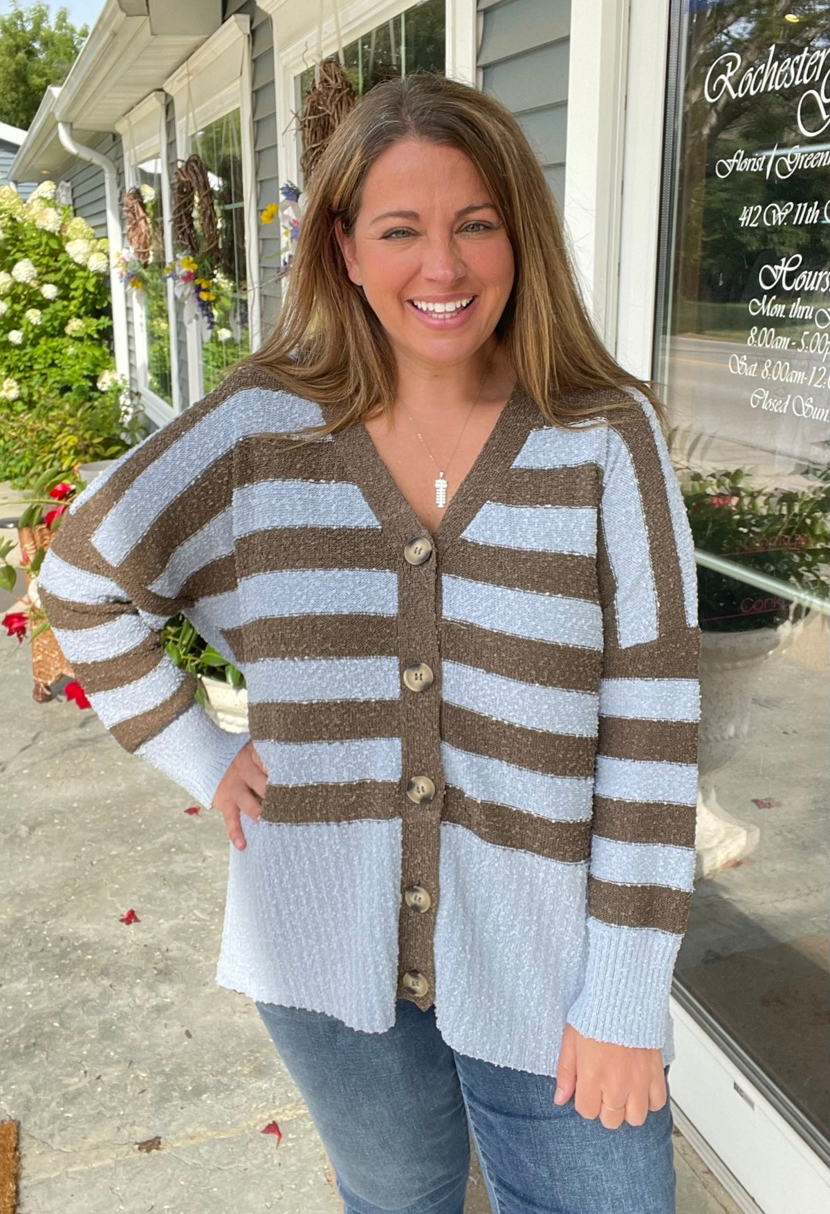 BROWN/SLATE BLUE STRIPED BUTTON OVERSIZED CARDIGAN SWEATER