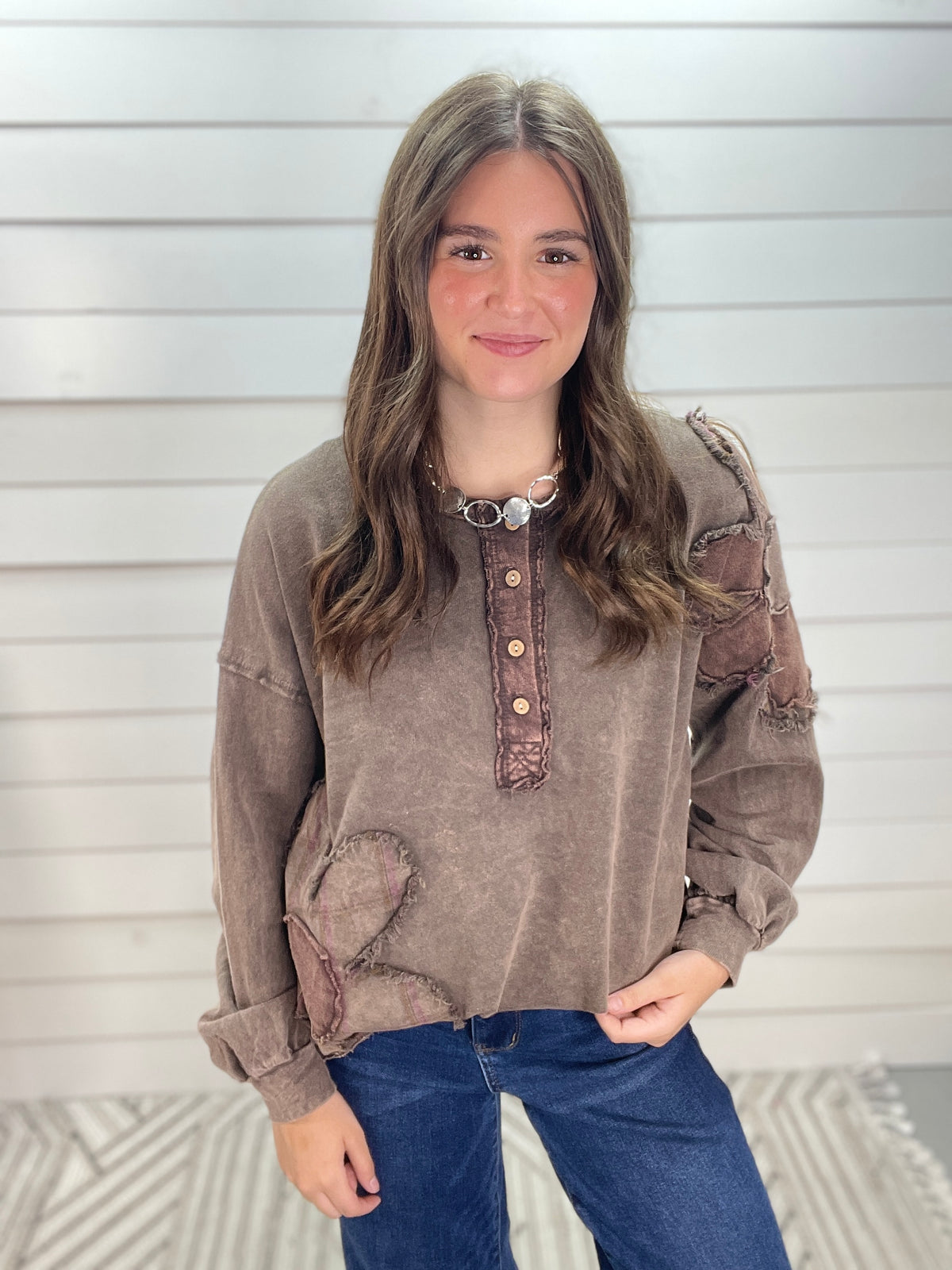 ASH OAK Mineral Washed Flannel Daisy Henley Blouse Top