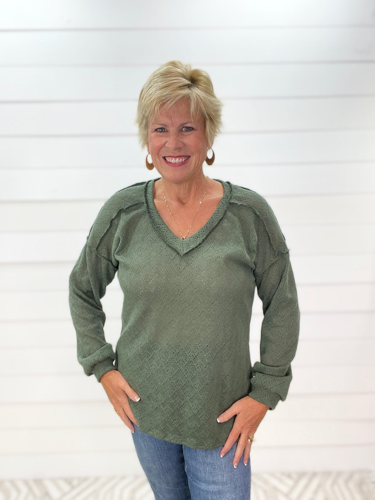 OLIVE POINTELLE V NECK KNIT LONG SLEEVE TOP