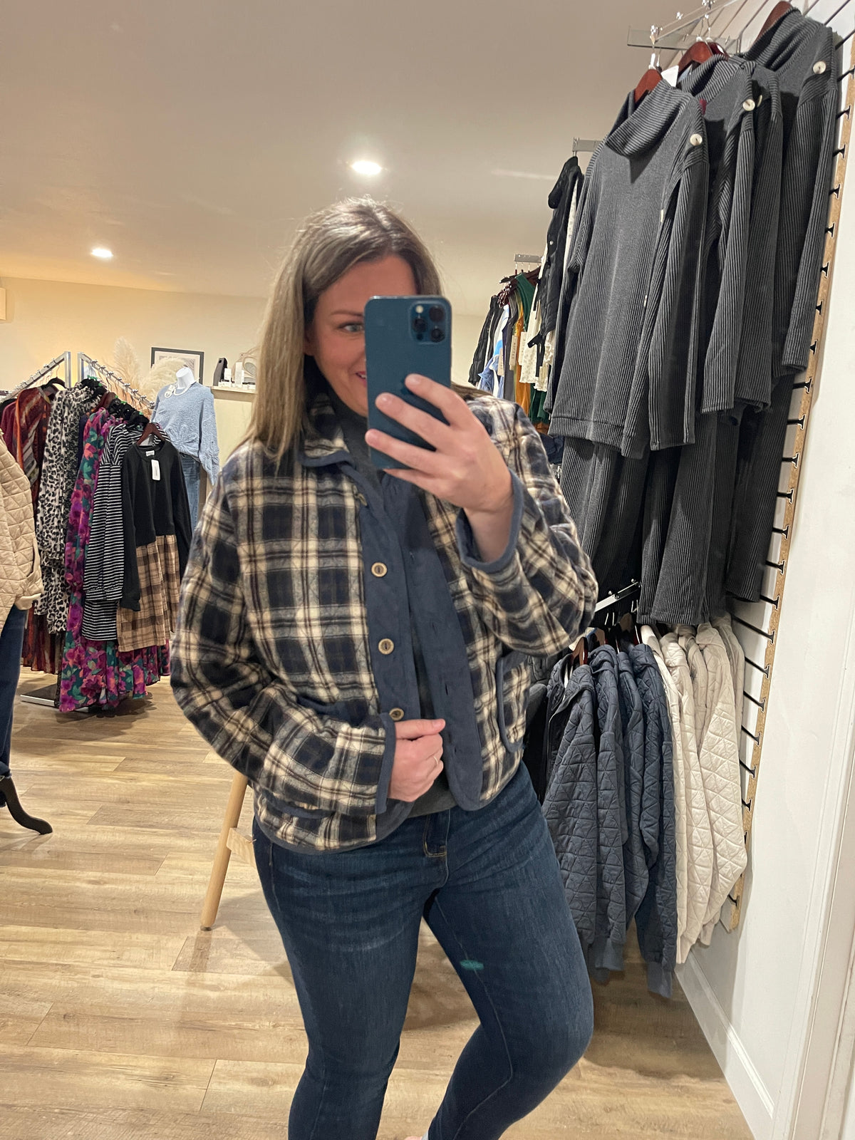 NAVY PLAID QUILTED/CORD ACCENT JACKET