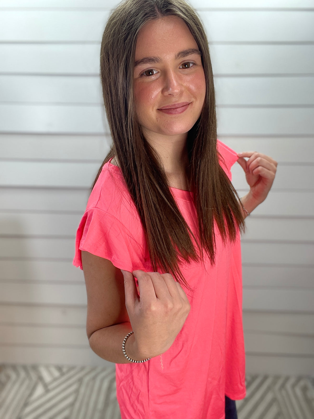 NEON PINK RUFFLE SLEEVE V NECK TOP