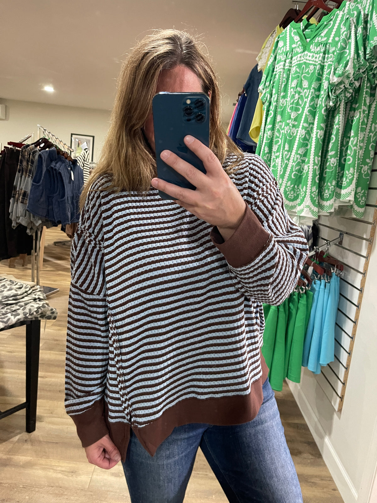 BLUE/BROWN STRIPED TEXTURED KNIT LOOSE FIT TOP
