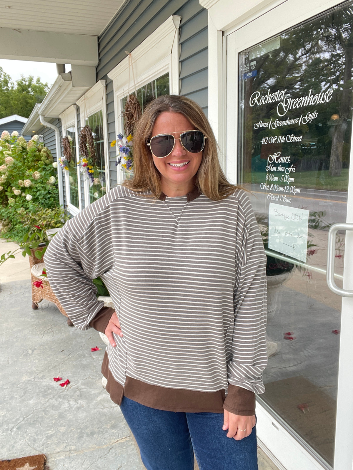 BROWN Drop Shoulder Long Sleeve Loose Fit Yarn Dye Stripe Knit Top With Ribbed trim
