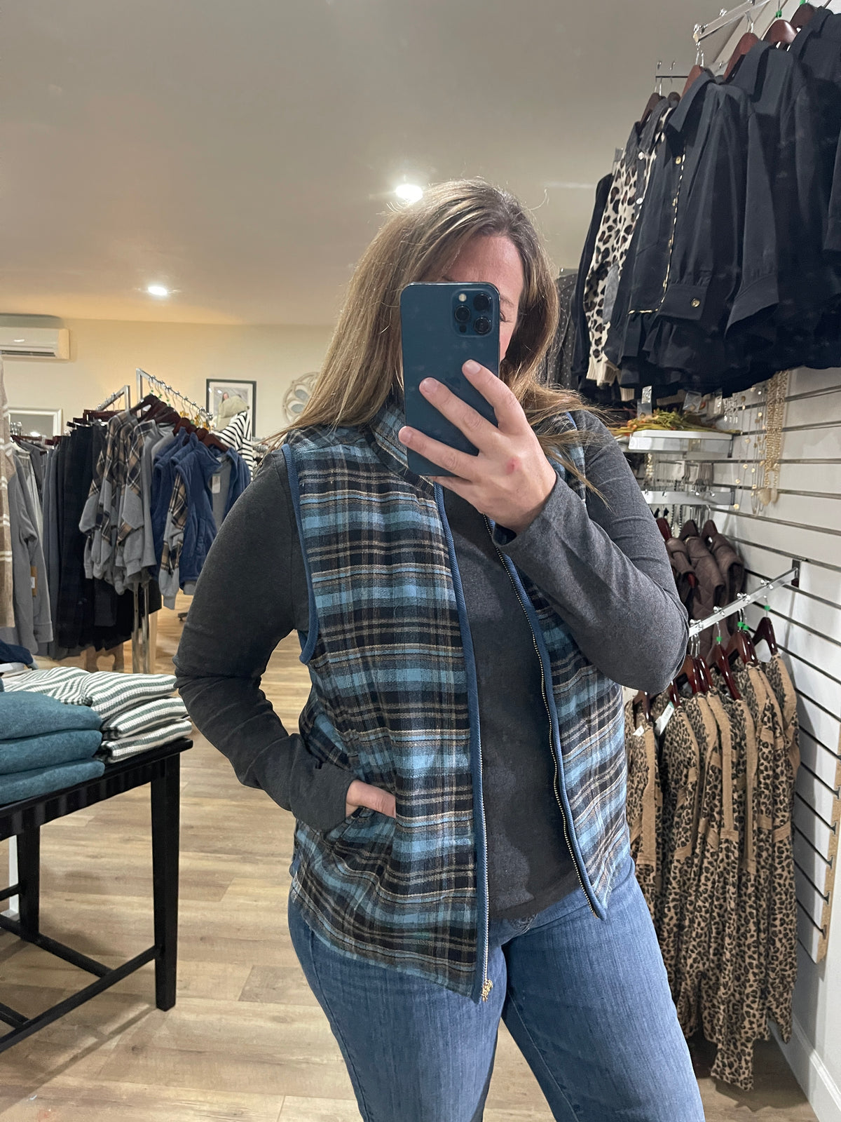 BLUE Contrast Binding, Zip Up Front, Plaid Puffer Vest