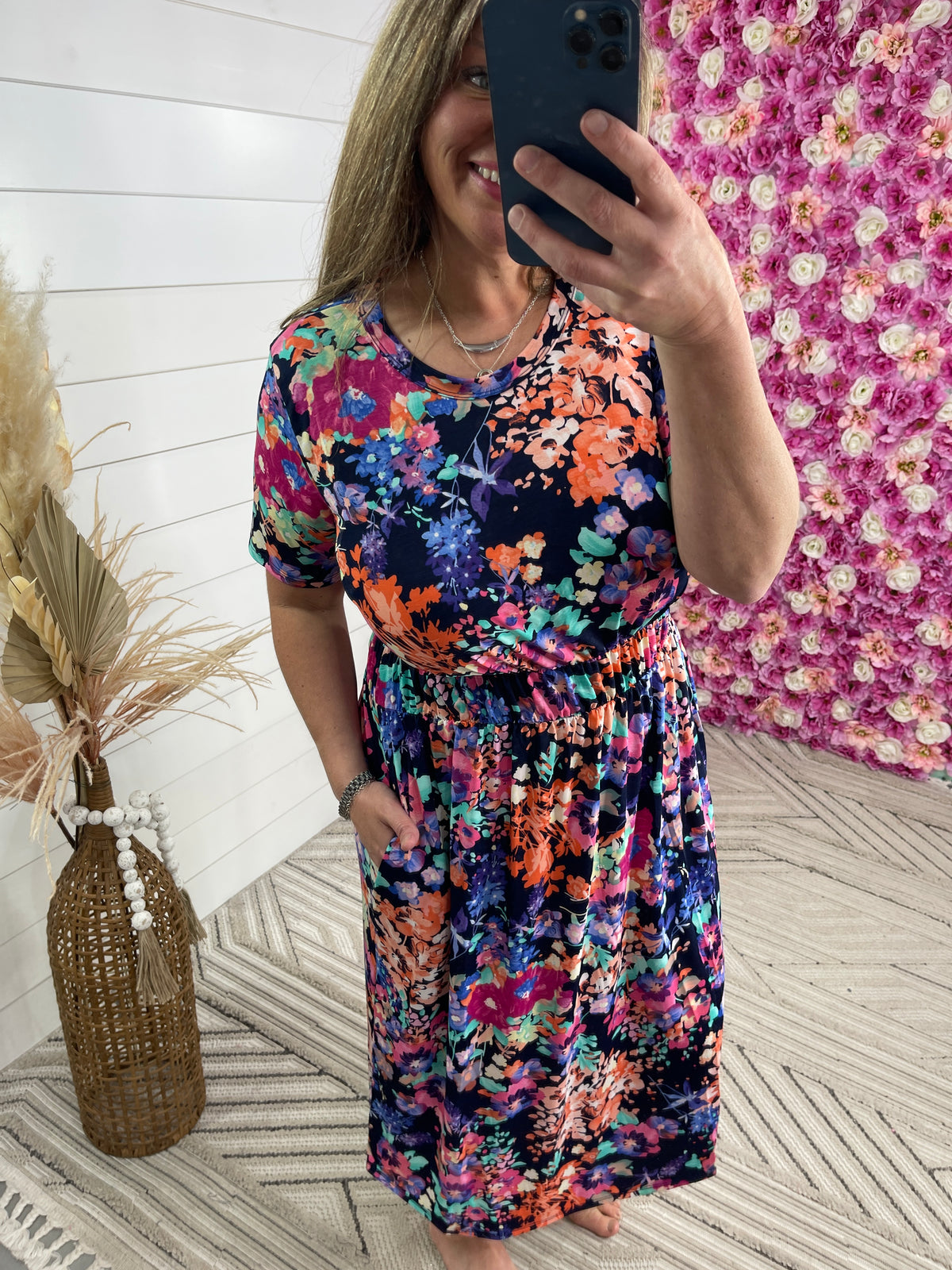 NAVY FLORAL ELASTIC WAIST MAXI DRESS